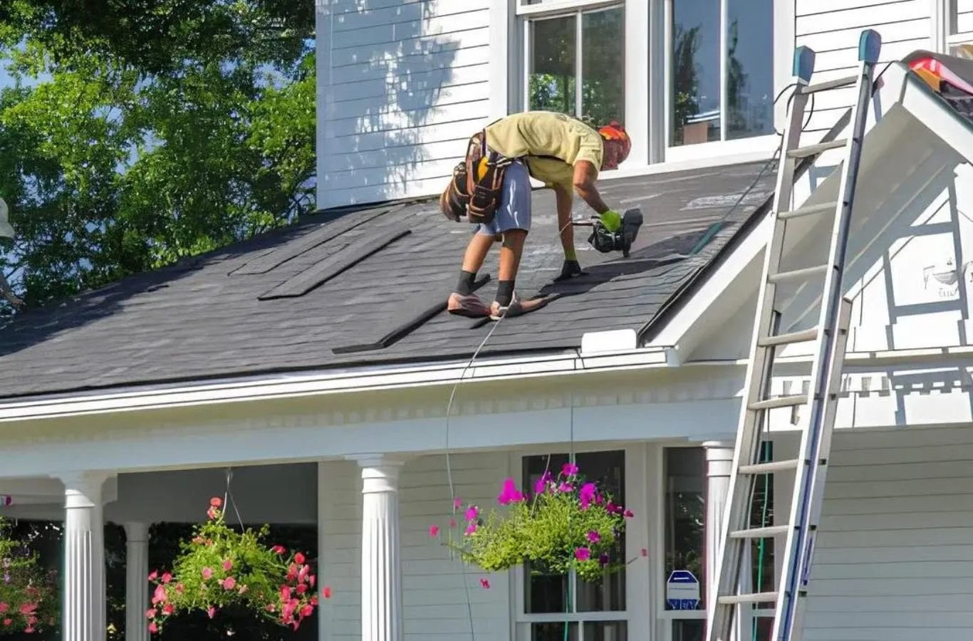 Century Exteriors tech seals flashing in Rutherford County TN with trowel and sealant to show Roofing Company quality. Roofing Company near me.